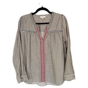 J Crew Striped Embroidered Tunic Top Size 8 Navy White Red Boho Peasant